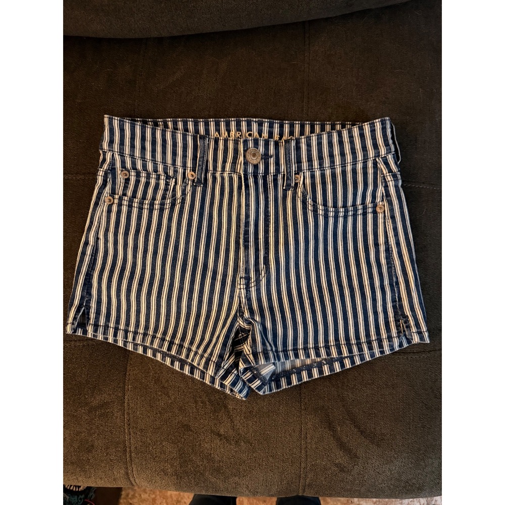American Eagle Hi-Rise Shortie Striped Denim Shorts Blue White Womens Size 4